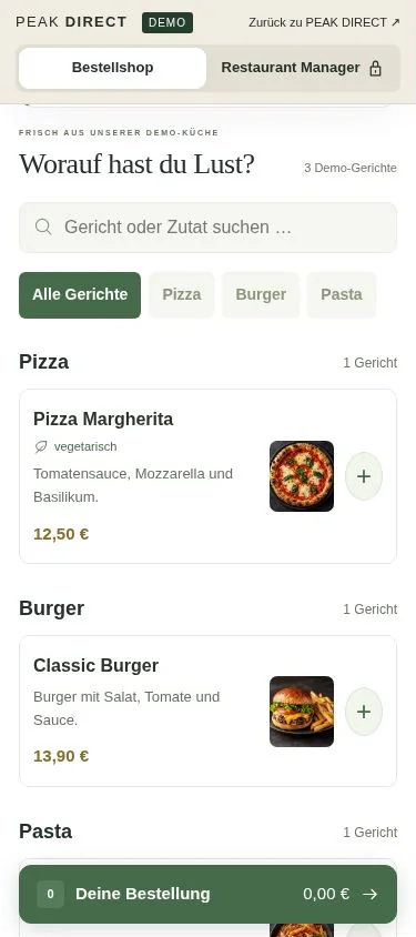 Mobile PEAK-DIRECT-Shopansicht mit Testdaten, keine Bäckerei-Speisekarte.